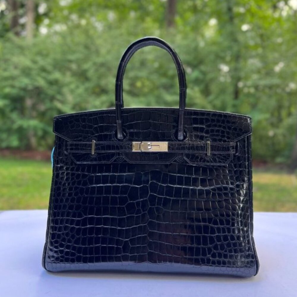 Hermes Shiny Porosus Crocodile Skin Birkin 35 w Palladium HW in Noir or Black - Picture 1 of 13